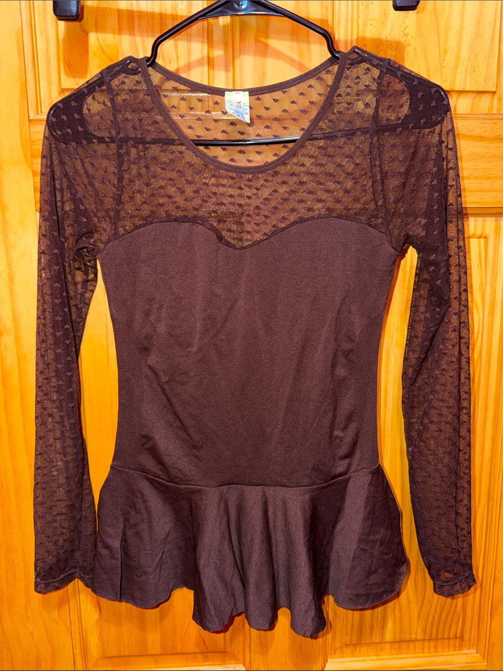 Brown Lace Yoke Peplum Long Sleeve Blouse
